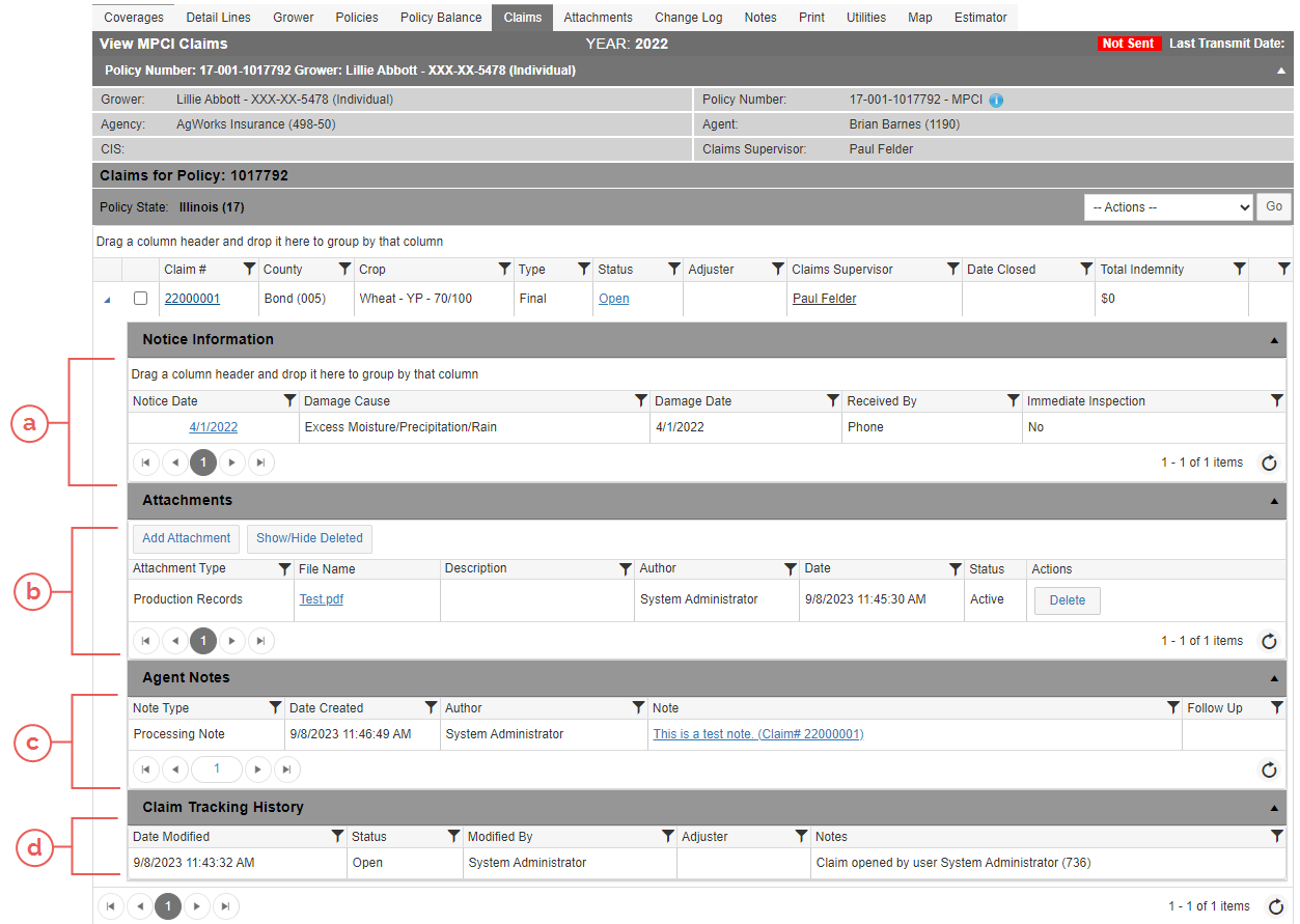 At a Glance: The View MPCI Claims Page (Claims Tab)